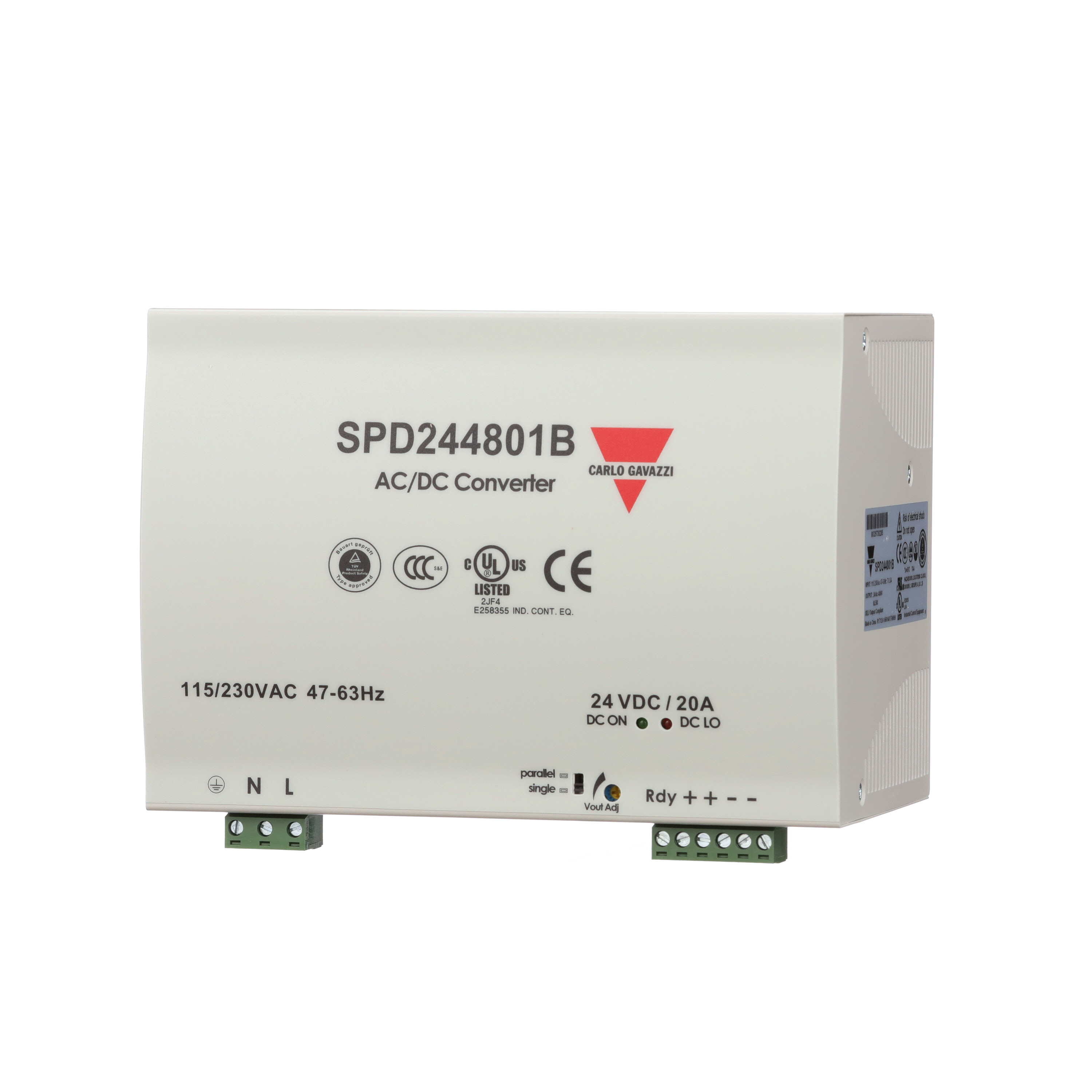 Carlo Gavazzi Switching Power Supply; 24VDC OUT; 20A; 90-264VAC / 120-375VDC IN; Single-Phase; DIN Rail Mount